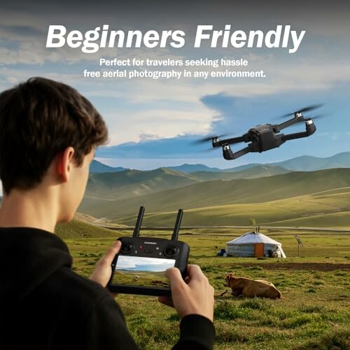 Mann steuert Drohne mit Fernbedienung in ländlicher Landschaft