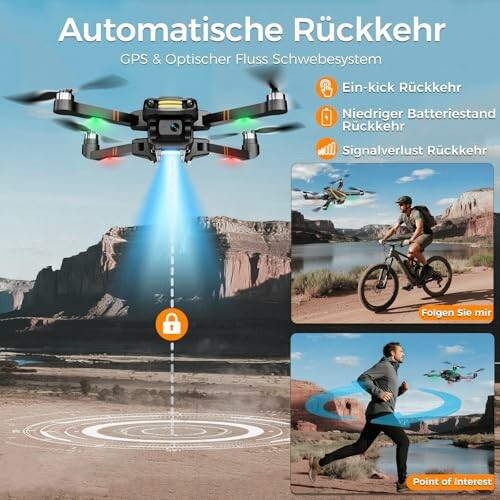 Werbung für Drohne mit automatischer Rückkehrfunktion in einer Landschaft mit Radfahrer und Läufer.