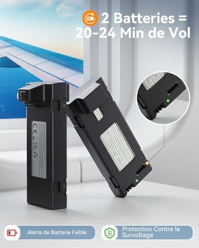 Zwei Drohnenbatterien mit Flugzeitangabe