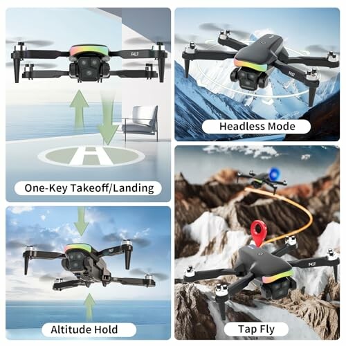 Collage von Drohnenfunktionen: Ein-Knopf-Start/Landung, Headless-Modus, Höhenhaltung, Tap Fly