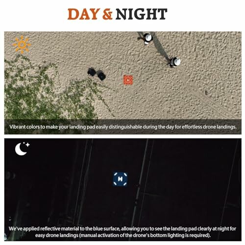 Zwei Bilder eines Drohnenlandeplatzes, eines bei Tag und eines bei Nacht, mit reflektierendem Material.