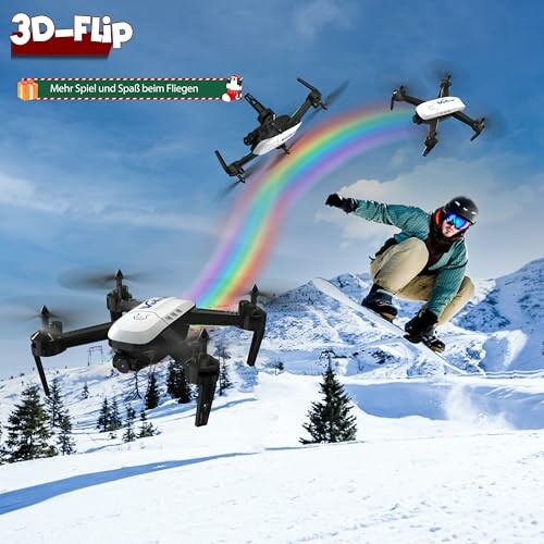 Mann snowboardet neben fliegender Drohne im Schnee.