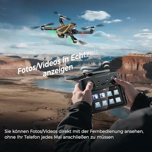 Drohne fliegt über Wüstenlandschaft mit Fernbedienung