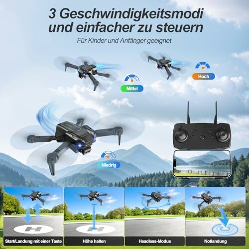 Drohne mit drei Geschwindigkeitsmodi und Steuerung.