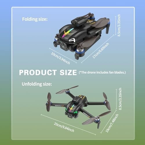 Faltbare Drohne mit Größenangaben im gefalteten und entfalteten Zustand
