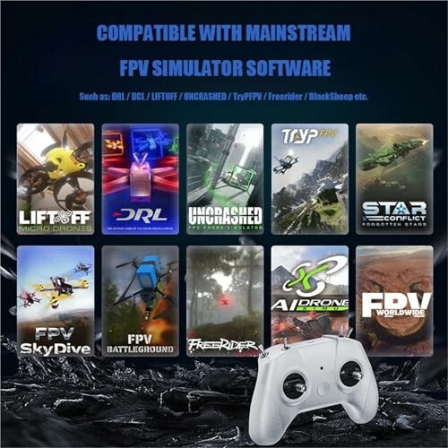 Verschiedene FPV-Simulator-Softwareoptionen mit Fernbedienung.