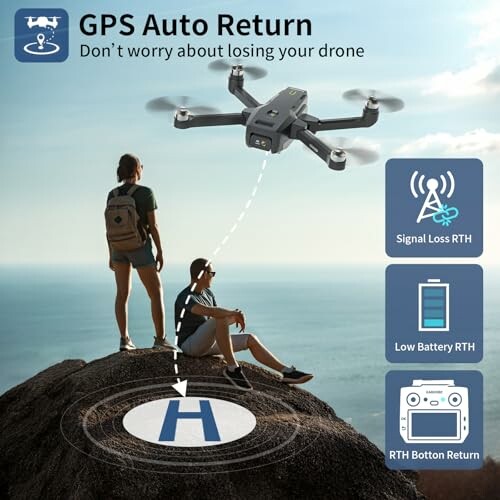 Drohne mit GPS-Auto-Return-Funktion über zwei Personen auf einem Felsen