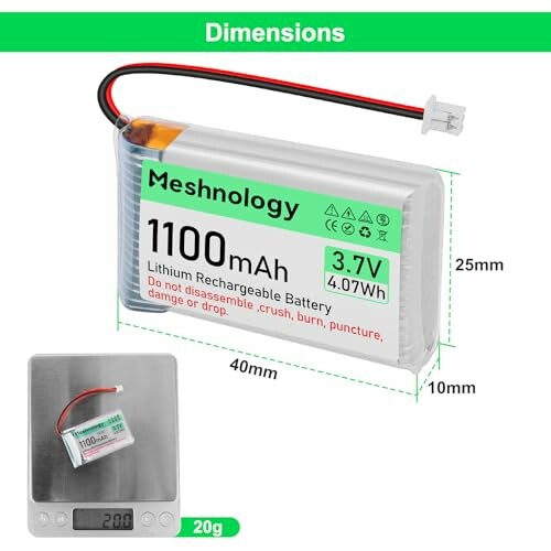 Lithium-Ionen-Akku mit Spezifikationen und Gewicht.