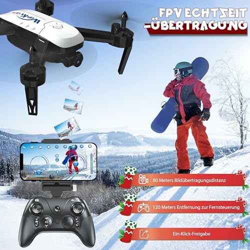 Person mit Snowboard und Drohne auf Skipiste