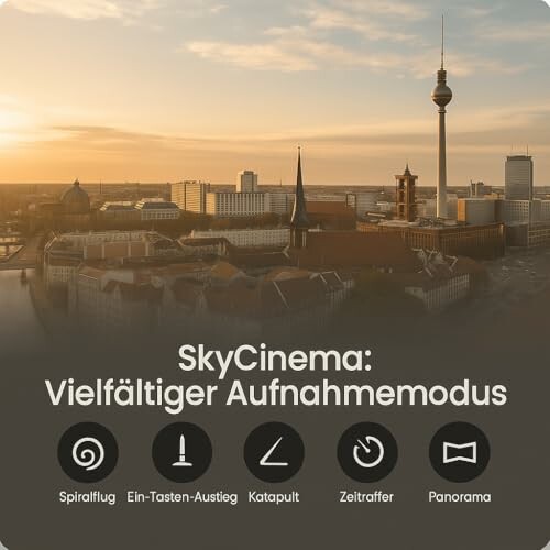Luftaufnahme von Berlin bei Sonnenaufgang mit Symbolen für Kamerafunktionen