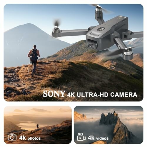 Wanderer in den Bergen mit Drohne und Kamera